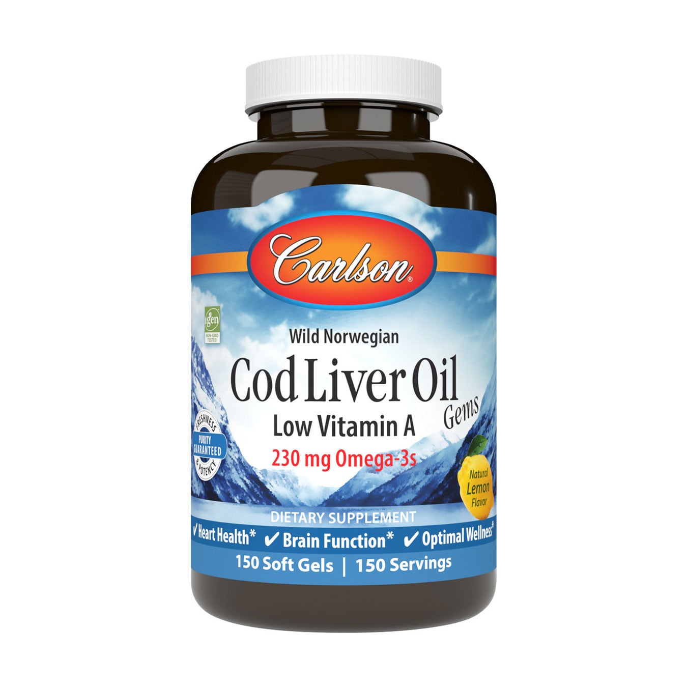Олія печінки норвезької тріски Carlson Labs Cod Liver Oil Omega-3s з низьким вмістом вітаміну А, зі смаком лимону, 230 мг, 150 гелевих капсул