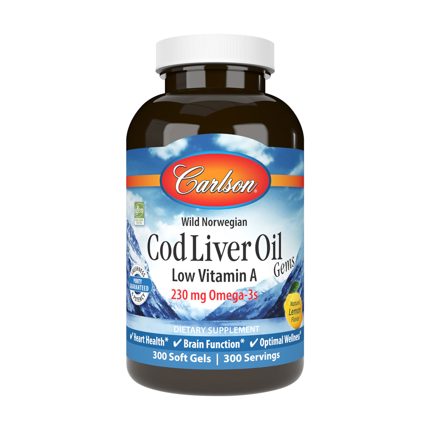 Олія печінки норвезької тріски Carlson Labs Cod Liver Oil Omega-3s з низьким вмістом вітаміну А, зі смаком лимону, 230 мг, 300 гелевих капсул